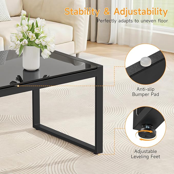 ONBRILL Rectangle Coffee Table with Tempered Glass Desktop - Photo 5