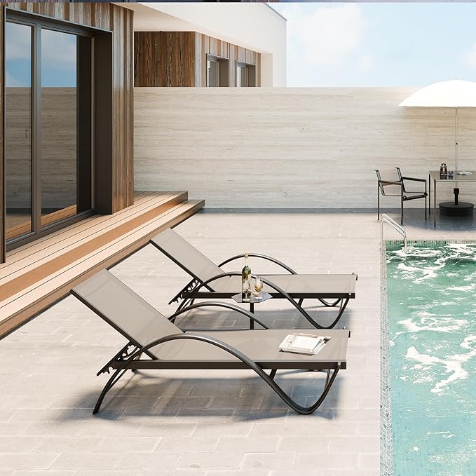 SUNLEI Lounge Chair for Outside Set of 2, Pool Chaise Lounge with S-Shaped Armrest, Patio Lounge Chairs with Adjustable Backrest & Textilene, Patio Chaise Lounge for Outdoor/Light Grey