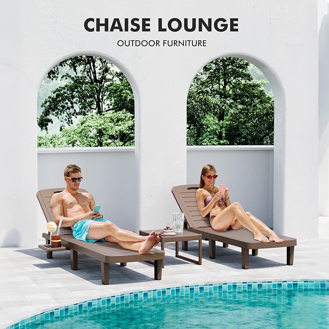 WACASA Outdoor Chaise Lounge Chairs Set of 2, Oversized Lounge Chairs with 5-Level Adjustable Backrest & Cup Holder, Resin Waterproof Pool Lounge Chair for Patio, Beach, Yard, Taupe