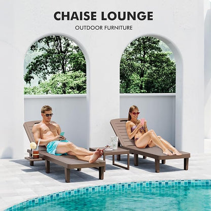 WACASA Outdoor Chaise Lounge Chairs Set of 2, Oversized Lounge Chairs with 5-Level Adjustable Backrest & Cup Holder, Resin Waterproof Pool Lounge Chair for Patio, Beach, Yard, Taupe