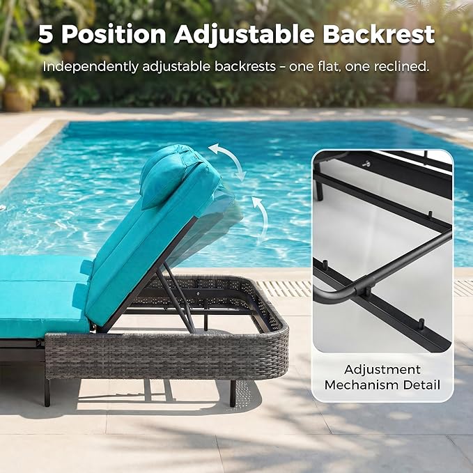 NICESOUL Double Chaise Lounge Outdoor, 51.2" Wide 2-Person Daybed with Independent Recline - Photo 5