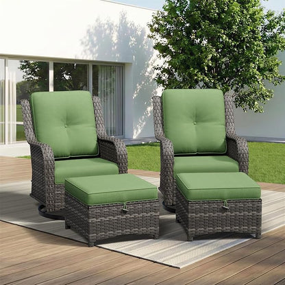 4 Piece Outdoor Wicker Patio Furniture Set, Outdoor Swivel Rocker Patio Chairs Set with Thickened Olefin Cushions, High Back and Deep Seating, Hand-Woven PE Rattan, Ottoman for Porch, Deck