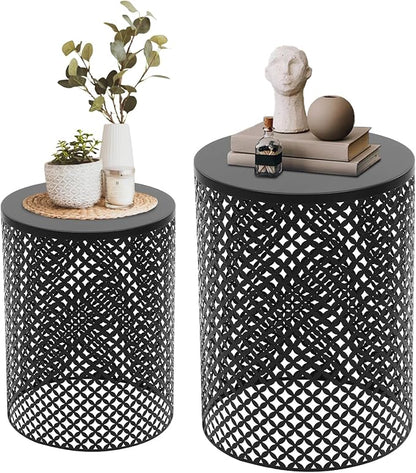 2PCS Outdoor Side Table, Heavy Duty Metal Frame Side Table Decorative Garden Stool Modern End Table Round Coffee Table for Patio Gardens Balconies Cafes (Black)
