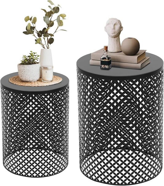 2PCS Outdoor Side Table, Heavy Duty Metal Frame Side Table Decorative Garden Stool Modern End Table Round Coffee Table for Patio Gardens Balconies Cafes (Black)