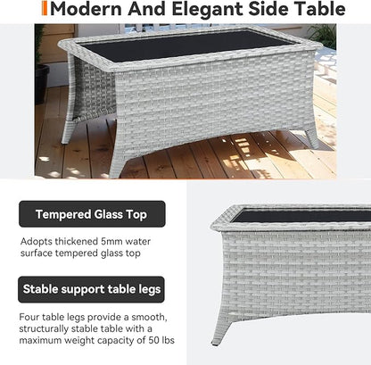 Outdoor Coffee Table - Patio Rattan Wicker Coffee Table with Tempered Glass Top Outdoor Table for Deck Porch Balcony Garden - Light Grey