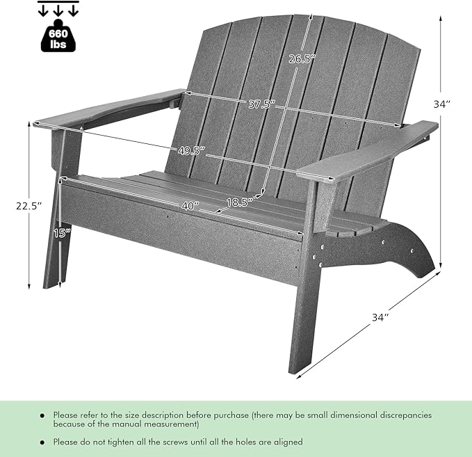 Giantex Adirondack Chair Outdoor Loveseat, High Density Polyethylene HDPE Material Adirondack Chairs Set of 2 People, Patio Adirondack Bench for Porch, Garden, Backyard Fire Pit Chair (2, Gray)