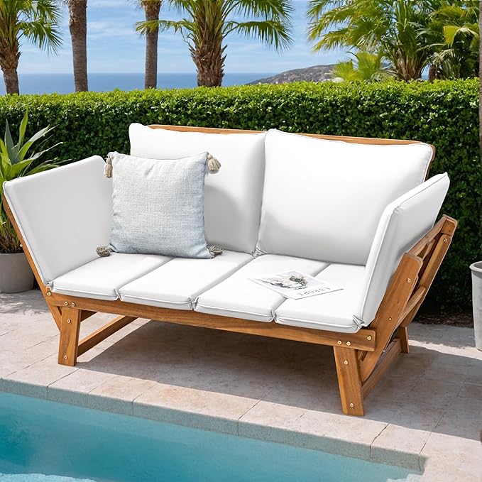 Greesum Patio Convertible Couch Sofa Bed with Adjustable Armrest, Acacia Wood Outdoor Daybed with Cushion & Pillow - Photo 2