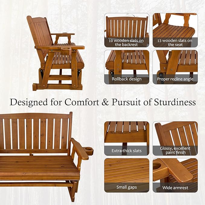 Fortune Candy Wooden Patio Glider, with Cup Holders, High Back and Deep Contoured Seat, Solid Fir Wood - Photo 5