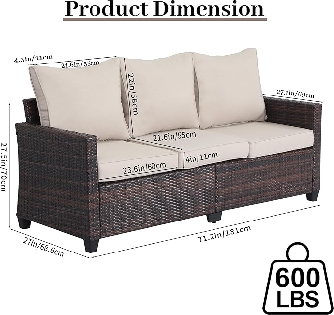 Rattan Outdoor Sofa 3-Seater - PE Woven Patio Couch with Waterproof Blue Cushions, Heavy-Duty Steel Frame for Garden - Photo 3