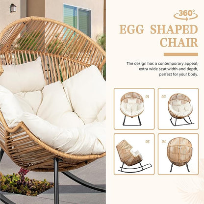 Vongrasig Wicker Rocking Egg Chair PE Rattan with Cushion, Oversized Patio Lounge Rocker Chair for Outdoor, Indoor, Livingroom, Backyard, Garden (Beige)