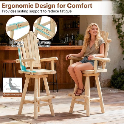 HOMEDIARY Outdoor Solid Wood Swivel Bar Stool, Oversized Rustic Patio Log Bar Height Chair with High Back and Footrest, 29.9" Adirondack Bar Chair for Deck Pub Garden, 500 LBS Capacity, Natural