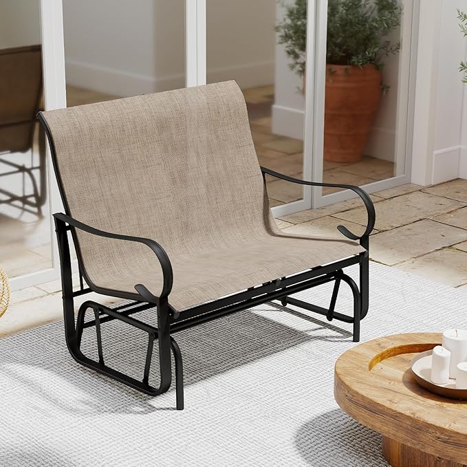 Tangkula Patio Gilder Bench, 2-Person Fabric Rocking Chair with High Backrest, Curved Armrests and Heavy-Duty Metal Frame, Outdoor Swing Loveseat for Porch, Garden and Backyard