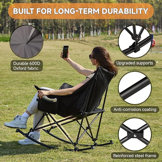 Oversized Folding Rocking Camping Chair, Padded Portable Rocking Chair with Pockets, Cup Holder and Carry Bag, Heavy Duty Outdoor Rocker Patio Chair for Garden, Lawn, Yard, Up to 400lbs, Gray