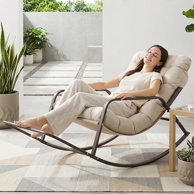 BULEXYARD Beige Oversized Indoor Outdoor Lounge Royal Rocking Chair with Armrest Footrest for Napping Relaxing, Heavy Duty Patio Reclining Papasan Rocker Chair with Padded Cushion for Porch, Sunroom