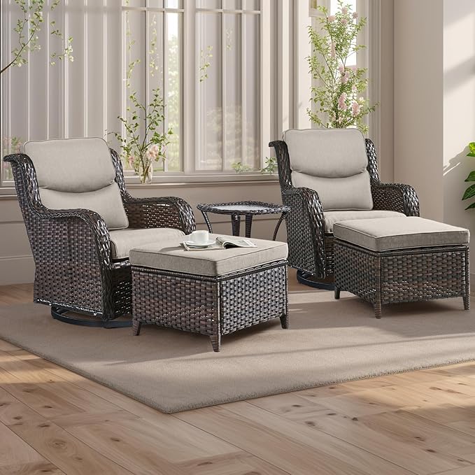 Rilyson Wicker Patio Furniture Set - 5 Piece Rattan Outdoor Sectional Conversation Sets with 2 Swivel Rocking Chairs - Photo 1