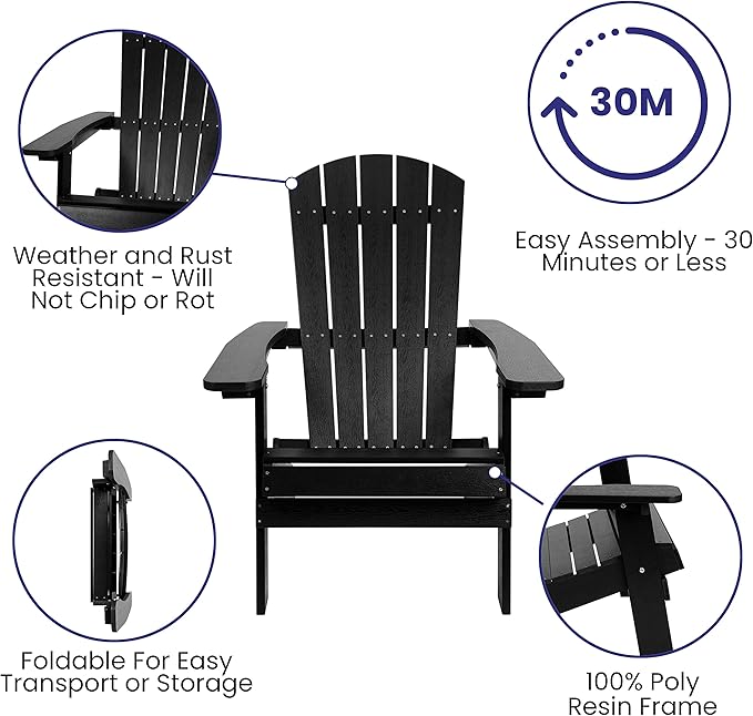 Merrick Lane Riviera Poly Resin Folding Adirondack Lounge Chair - Black - Indoor/Outdoor - Weather Resistant