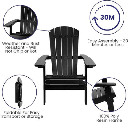 Merrick Lane Riviera Poly Resin Folding Adirondack Lounge Chair - Black - Indoor/Outdoor - Weather Resistant