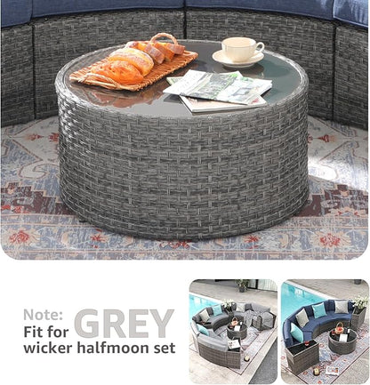 SUNSITT Round Outdoor Coffee Table with Tempered Glass Top, Rattan PE Resin Wicker Patio Side Table, Grey