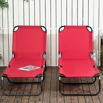 Outsunny 2 Piece Folding Chaise Lounge Pool Chairs, Outdoor Sun Tanning Chairs with 5-Level Reclining Back, Steel Frame for Beach, Yard, Patio, Red