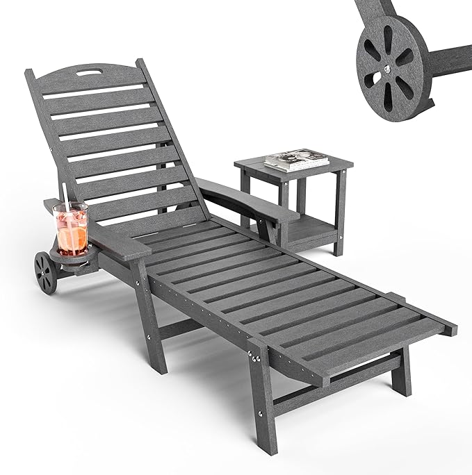 Pamapic 500 LBS Lounge Chair with Coffee Table Set of 2, Wide Armrest Oversized Chaise Lounge Chair with Wheel, 4 Positions Chaise Lounge with Cup Holder, Outdoor Lounge Chairs for Poolsdie, Grey