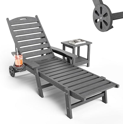 Pamapic 500 LBS Lounge Chair with Coffee Table Set of 2, Wide Armrest Oversized Chaise Lounge Chair with Wheel, 4 Positions Chaise Lounge with Cup Holder, Outdoor Lounge Chairs for Poolsdie, Grey