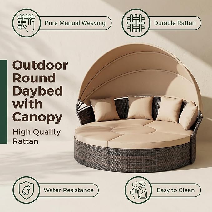 Outdoor Patio Daybed with Retractable Canopy, Wicker Rattan Sectional Round Sofa Furniture Set - Photo 2