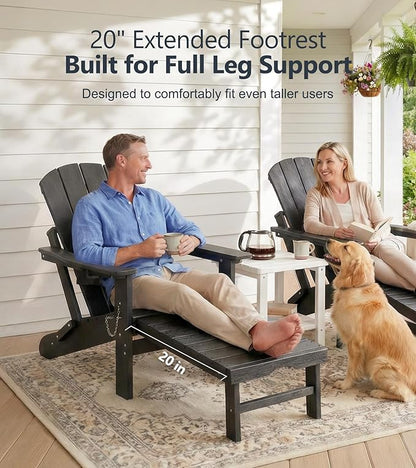 PASAMIC Folding Adirondack Chairs Set of 2 with Retractable Ottoman, 5-Position Adjustable Backrest, HDPE All-Weather Fire Pit Chairs with 2 Hidden Cup Holders, Wood-Look Outdoor Chairs (Black)