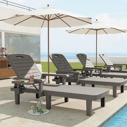 UDPATIO Outdoor Lounge Chair Set of 2 with Arms, Resin Reclining Patio Chaise with Side Table - 5-Position Adjustable Sunbed, Waterproof Pool & Beach Reclining Chair