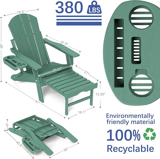 FOOWIN Adirondack Chair with Retractable Ottoman,HDPE Folding Adjustable Adirondack Chair w/4 in 1 Cup Holder Trays,All-Weather Resistant Fire Pit Chair for Outdoor Patio Lawn Set of 6