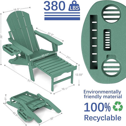 FOOWIN Adirondack Chair with Retractable Ottoman,HDPE Folding Adjustable Adirondack Chair w/4 in 1 Cup Holder Trays,All-Weather Resistant Fire Pit Chair for Outdoor Patio Lawn Set of 6