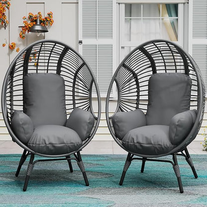 Oversized Wicker Egg Chair, Outdoor Indoor Rattan Patio Egg Lounge Chairs with Cushion 500lbs Capacity for Living Room, Balcony, Backyard (2 PCS, Black-Regular)