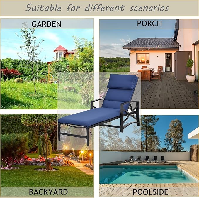 LOKATSE Home Outdoor Adjustable Chaise Patio Steel Furniture Metal Lounge Chair with Cushion