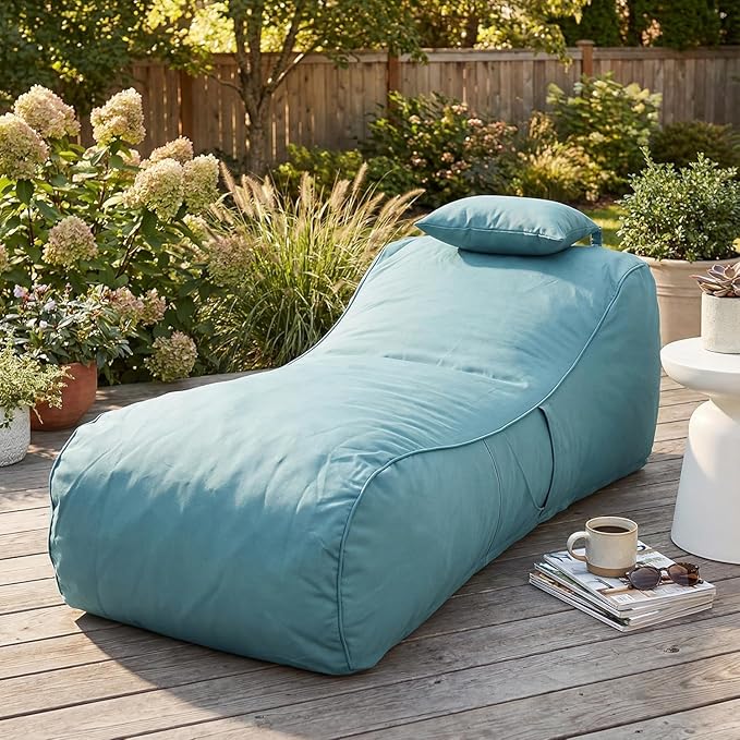 Merax Outdoor Bean Bag Chairs with Headrest, 71" L Large Lounger Chair for Adults Bean Bag Bed with Foam Filled for Patio Pool Balcony & Desk, Beige Fabric Outside Beanbag Chair, Teal