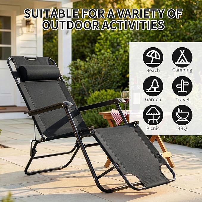 Outvita Folding Chaise Lounge Chair, Outdoor Adjustable Recliner Chair with Pillow for Camping, Beach, Poolside, Garden - Photo 6
