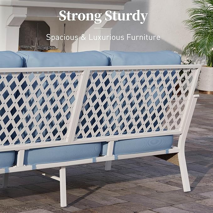 Metal Patio Sofa with 5.75" Extra Thick Cushion, 3-Seater Deep Seating & High-Back White Frame Outdoor Couch All Weather Outdoor Seating Furniture for Deck Gazebo Porch, Blue