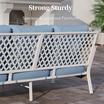 Metal Patio Sofa with 5.75" Extra Thick Cushion, 3-Seater Deep Seating & High-Back White Frame Outdoor Couch All Weather Outdoor Seating Furniture for Deck Gazebo Porch, Blue