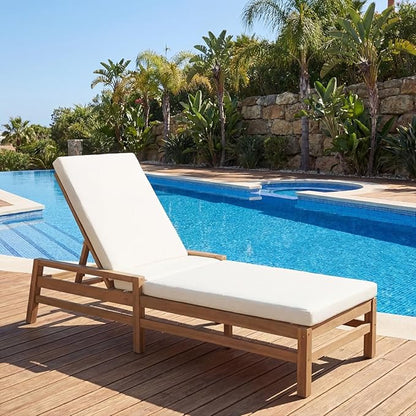 Outdoor Chaise Lounge Chair, Patio Chaise Lounge Recliner with Adjustable Backrest, Acacia Wood Poolside Chaise Lounge with Thick All-Weather Cushions for Patio, Deck and Backyard(A)