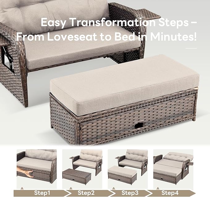 Belord Patio Furniture Set - 6-Piece Wicker Loveseat Outdoor Daybed Furniture Set with Recliner Lounge Chairs Set of 2 - Photo 5