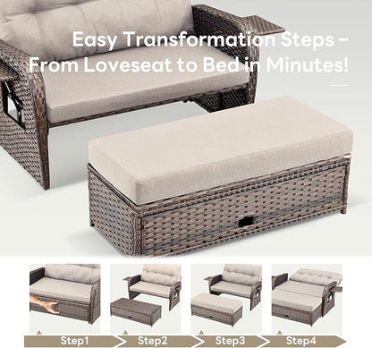 Belord Patio Furniture Set - 6-Piece Wicker Loveseat Outdoor Daybed Furniture Set with Recliner Lounge Chairs Set of 2 and Side Table, All-Weather Outdoor Patio Conversation Set for Deck Pool Backyard
