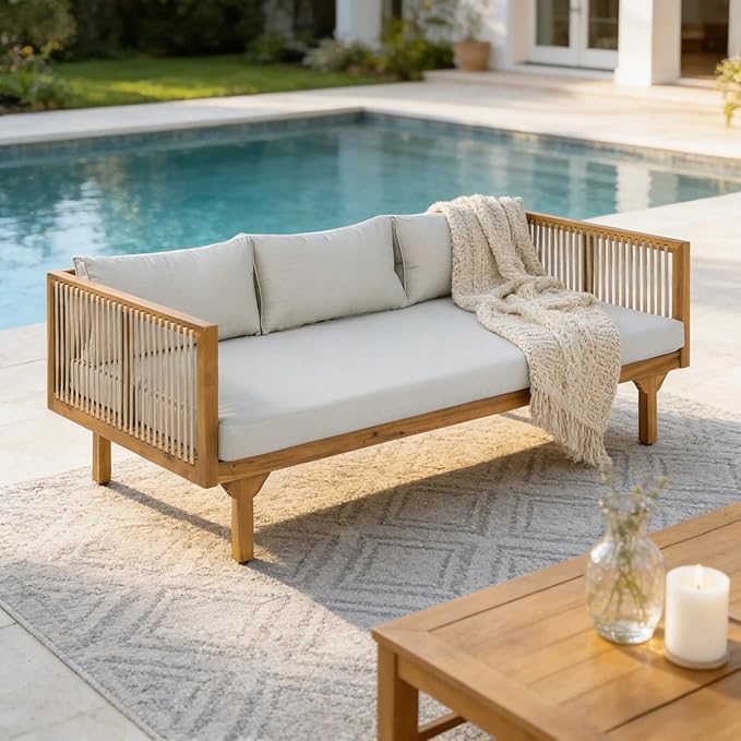 Merax Acacia Wood Outdoor Patio Loveseat Sofa w/Coushion and & Light Brown Rope, 3-Seater Sofa Daybed for Backyard, Lawn, Deck, Balcony, Water Repellent Fabric, 600 lbs Capacity,Teak +Light Gray