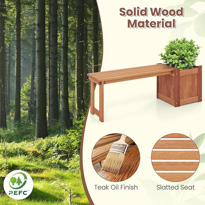 HAPPYGRILL Outdoor Bench with Planter Box, 2 Raised Garden Bed w/Spacious Seat, Open-Ended Base for Herbs Fruits Vegetables, 2-in-1 Wood Garden Bench for Outdoors Patio Yard Balcony