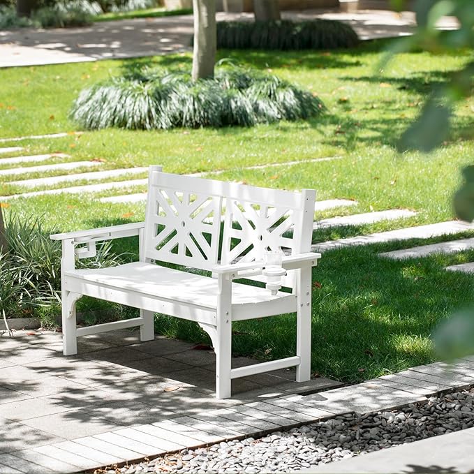 nalone Outdoor Bench with Cup Holders, HDPE All Weather Porch Bench Load up to 800 Lbs, 2-Person Garden Benches Rot-Proof Fade Proof for Patio, Porch, and Park (White)