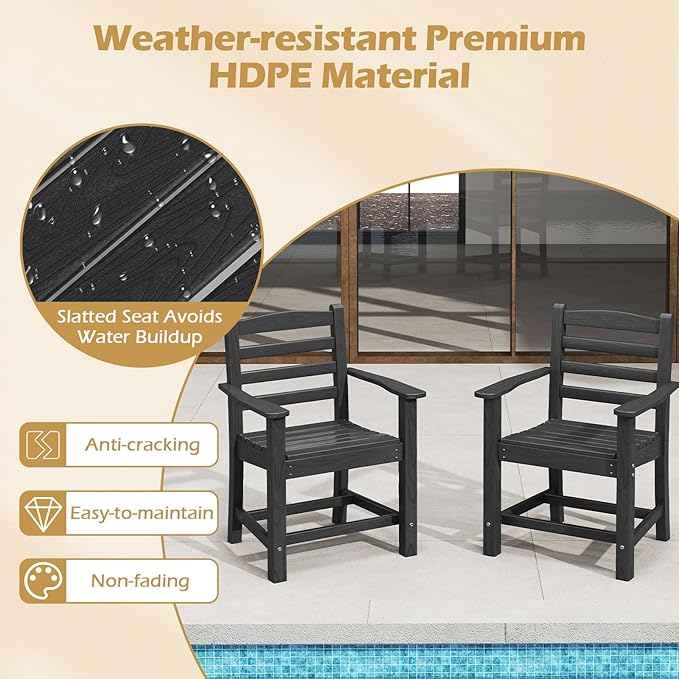 Tangkula Patio Dining Chairs Set of 2, HDPE All Weather Outdoor Chair w/Wide Armrests, Curved Seat, Wood Grain, Plastic Porch Chair for Backyard, Garden, Front Porch, Poolside (Black, 2 Chairs)