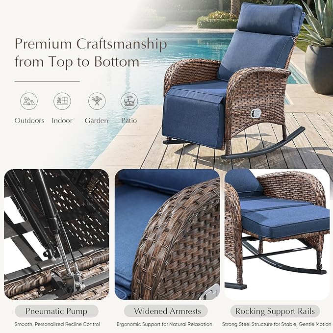 Belord 3 Piece Wicker Patio Furniture Set - Outdoor Swivel Rocker Recliner Chair with Adjustable Backrest & Footrest, All Weather Reclining Lounge Chair with Thick Cushion for Pool Deck Garden Blue