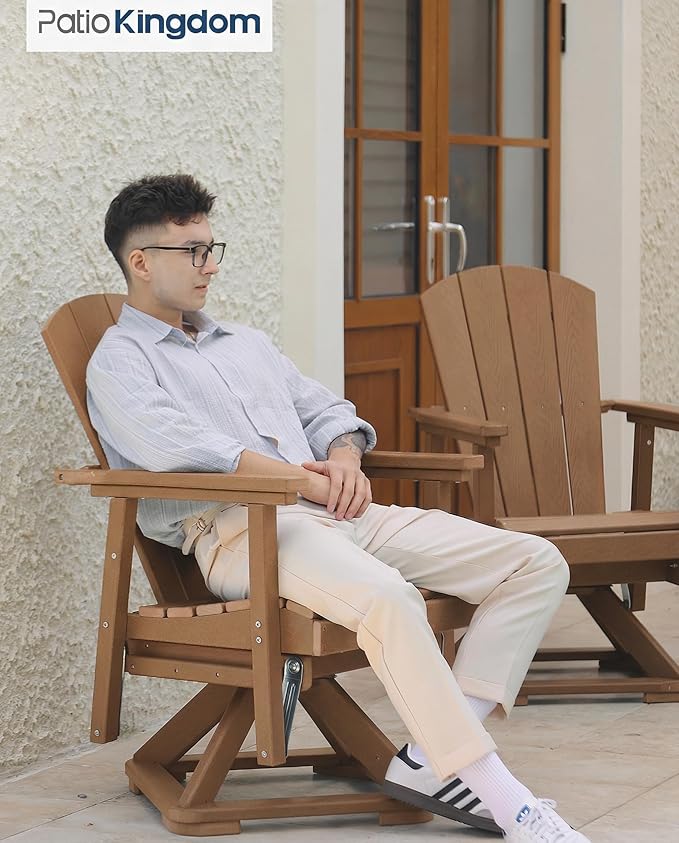 HDPE Swivel Glider Chair Outdoor, Weather Resistant Adirondack Outside Rocking Chair, Wooden Textured Outdoor Swivel Chair Set of 2 for Porch, Balcony, Poolside, Backyard (Teak)