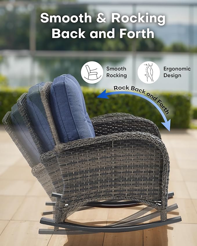 Outdoor Rocking Chairs Set of 2-Patio Table and Chairs Set Outdoor Conversation Furniture Sets for Deck Porch Garden Balcony Poolside-Brown/Blue