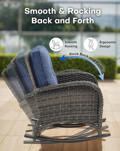 Outdoor Rocking Chairs Set of 2-Patio Table and Chairs Set Outdoor Conversation Furniture Sets for Deck Porch Garden Balcony Poolside-Brown/Blue