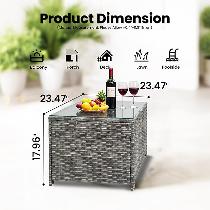 ovios Outdoor Side Table with Tempered Glass Top, Patio Wicker Rattan Coffee End Tables for All-Weather Porch Deck Balcony Garden Poolside (Grey-Medium Size)