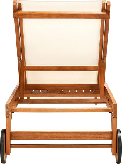 SAFAVIEH Outdoor Collection Ralden Natural Brown Solid Wood/Beige Fabric Adjustable Chaise Lounge Chair (PAT7070A)