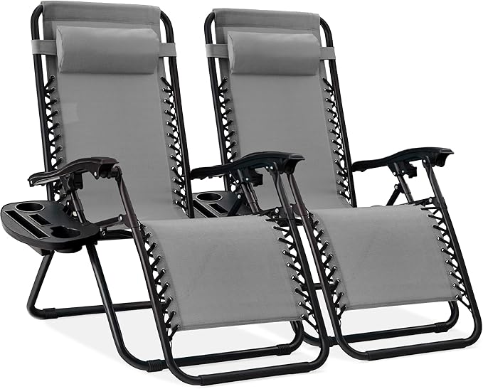 Best Choice Products Set of 2 Adjustable Steel Mesh Zero Gravity Lounge Chair Recliners w/Pillows and Cup Holder Trays - Photo 1